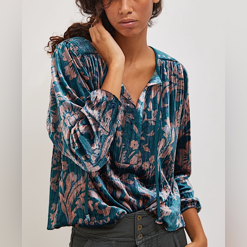 Anthropologie Faustine Velvet Floral Peasant V Neck Blouse Teal Pink XS-…